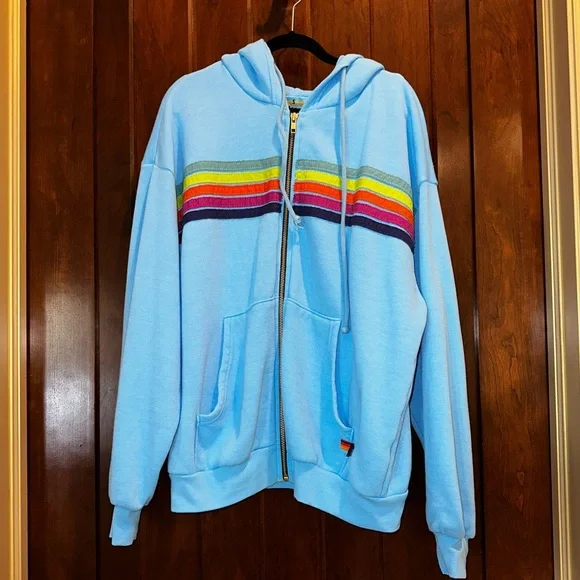 Aviator Nation Aqua Neon Rainbow Stripe Hoodie in Size Small EXCELLENT CONDITION - Picture 1 of 5
